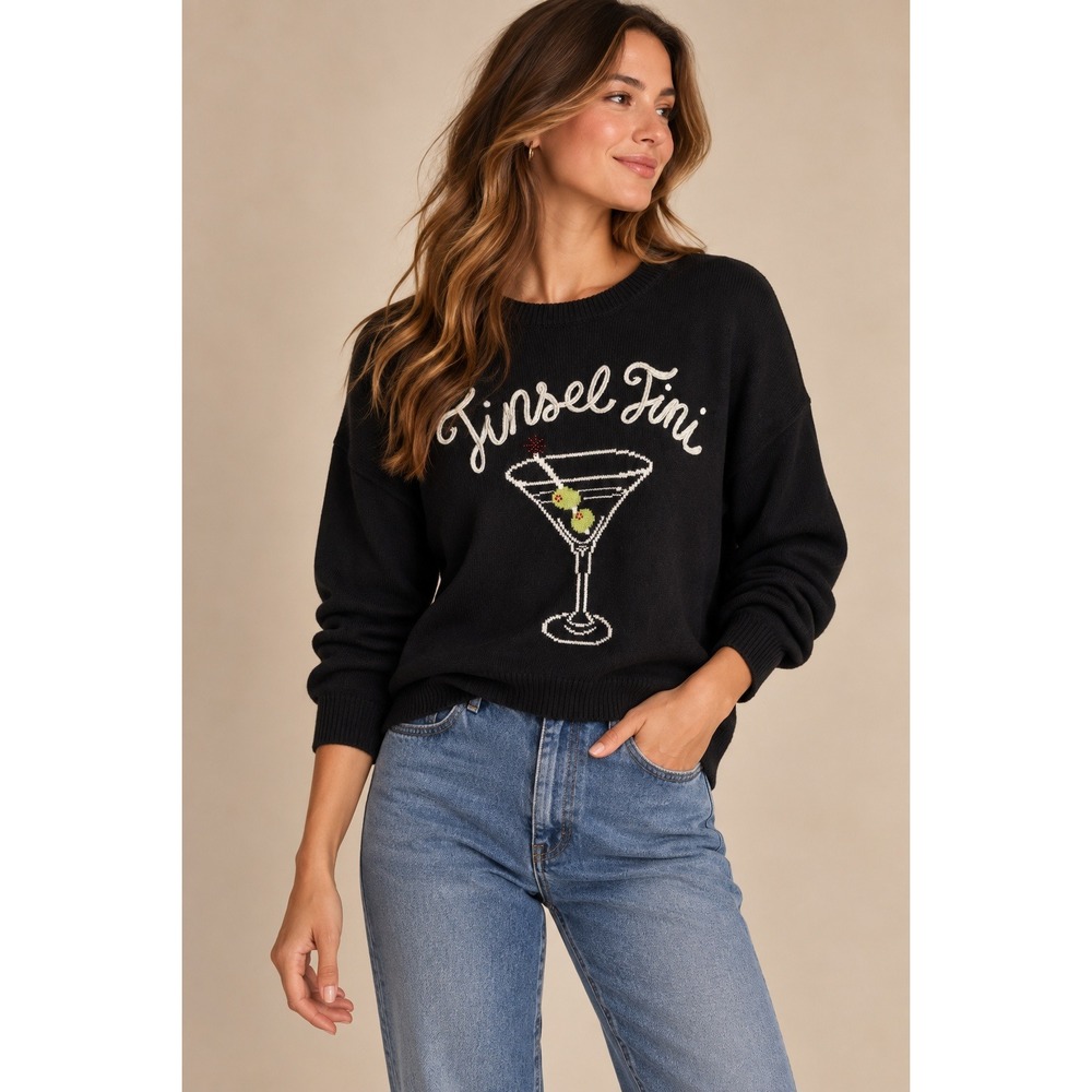 Calligraphie Tinsel Tini Martini Holiday Sweater Black Women Large Long Sleeve